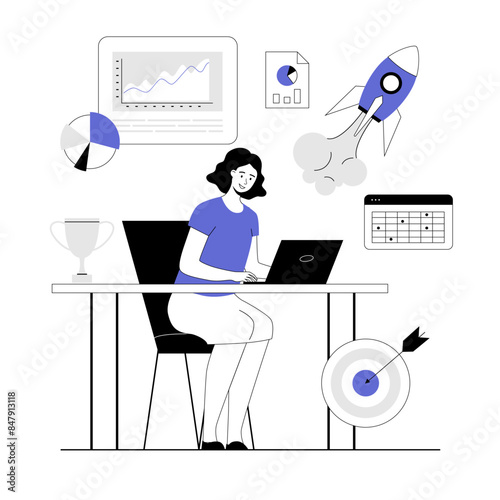 Startup business concept. Woman launching rocket, starting new company. Creative ideas. Vector illustration with line people for web design.