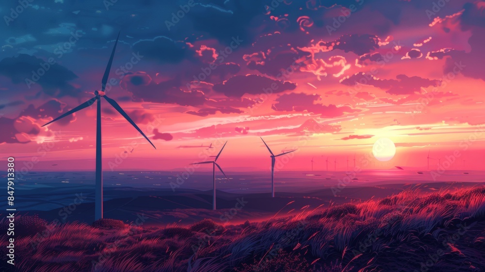 Wind turbines on a hillside with a sunset background, illustration ...