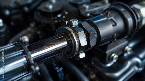 Close-up of mechanical parts in an engine, showcasing the intricate details and components of automotive engineering.