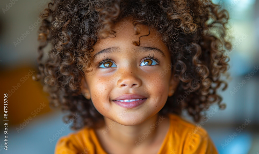 Joyful Curly-Haired Girl with Bright Blue Eyes Smiling Confidently in Casual Yellow Top, Embodying Youthful Carefree Delight and Natural Beauty