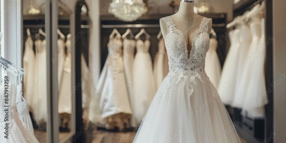 Exquisite lace wedding gown on display in bridal store Exquisite lace wedding gown on display in bridal store