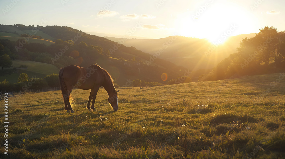 Horse grazing in a field during sunset with scenic landscape