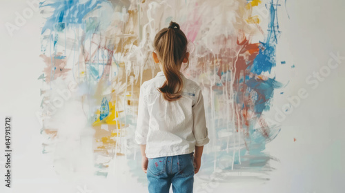 Little girl painting on white wall in a creative indoor space