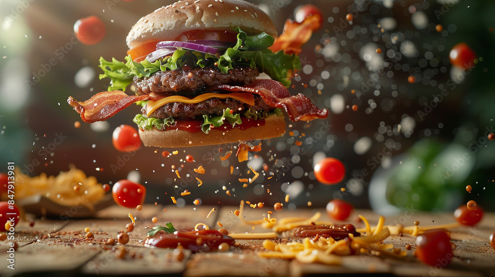 A burger in free fall, the ingredients of the dish slowly flying in the air are replaced by spices and vegetables, bringing gastronomic and aesthetic pleasure. A burger in free fall, the ingredients of the dish slowly flying in the air are replaced by spices and vegetables, bringing gastronomic and aesthetic pleasure.