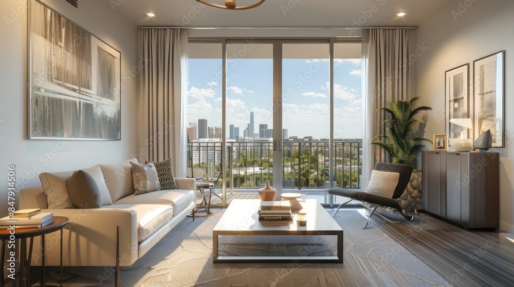 stylish urban condo with a modern design, balcony, and city skyline views stylish urban condo with a modern design, balcony, and city skyline views