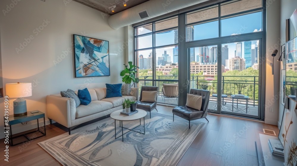 stylish urban condo with a modern design, balcony, and city skyline views stylish urban condo with a modern design, balcony, and city skyline views