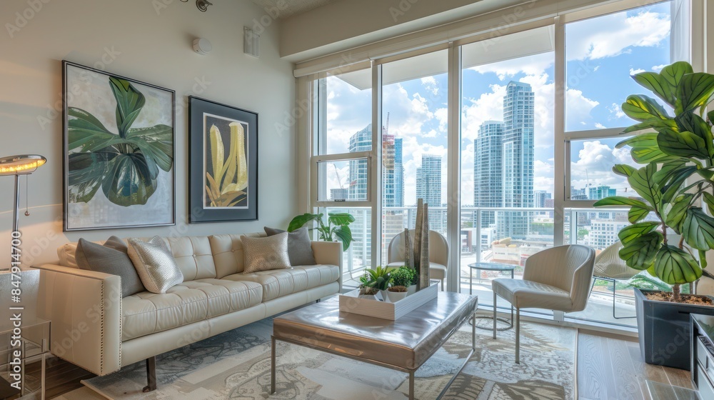 stylish urban condo with a modern design, balcony, and city skyline views stylish urban condo with a modern design, balcony, and city skyline views