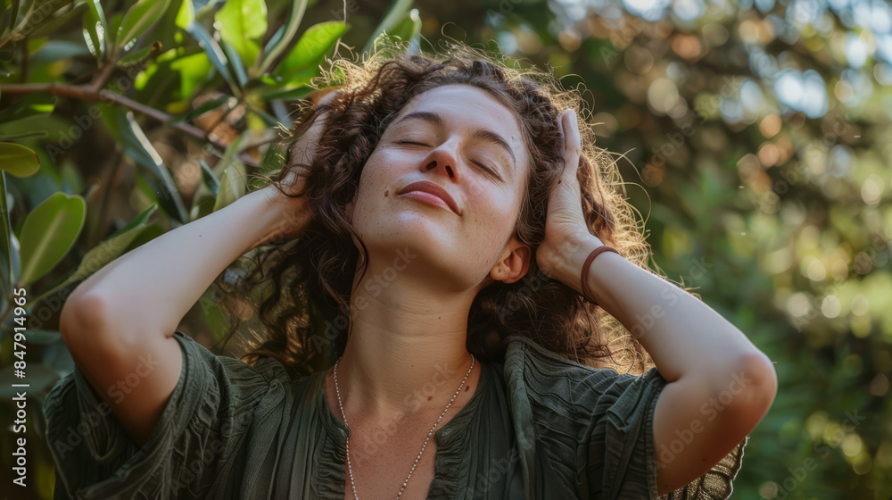 Carefree woman enjoying nature with eyes closed and hands behind head Carefree woman enjoying nature with eyes closed and hands behind head