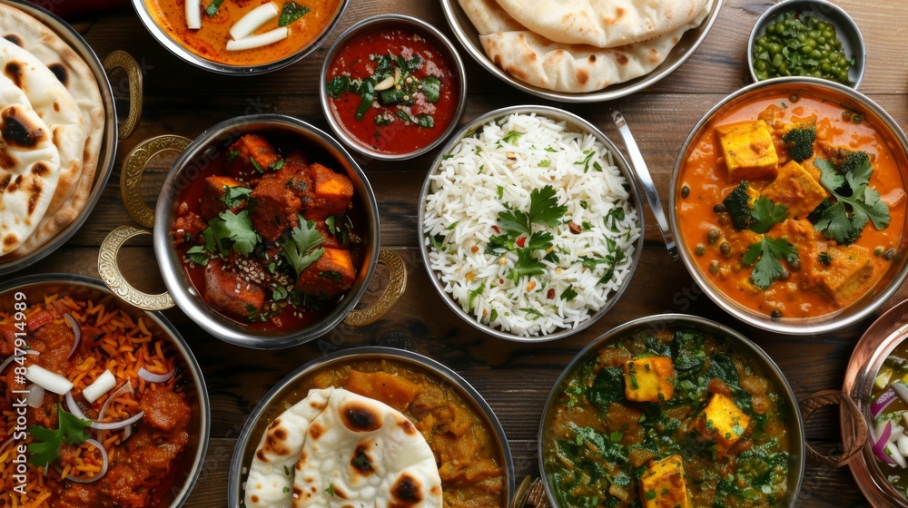 A mouthwatering thali spread featuring a variety of Indian dishes like dal, paneer tikka, and vegetable curry. A mouthwatering thali spread featuring a variety of Indian dishes like dal, paneer tikka, and vegetable curry.