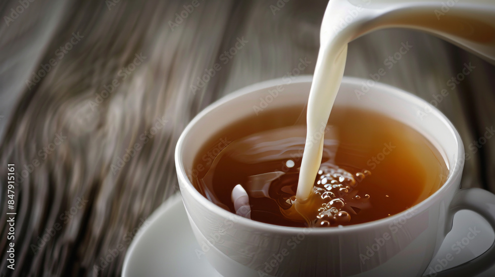 Milk being poured into a cup of tea close up Milk being poured into a cup of tea close up