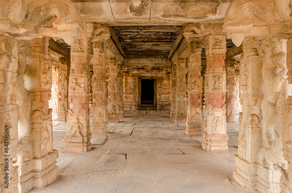 Interior of the beautiful and magnificent Lord Shri Krishna Temple, Medieval sandstone architecture at Hampi, Karnataka, India, Asia. Interior of the beautiful and magnificent Lord Shri Krishna Temple, Medieval sandstone architecture at Hampi, Karnataka, India, Asia.