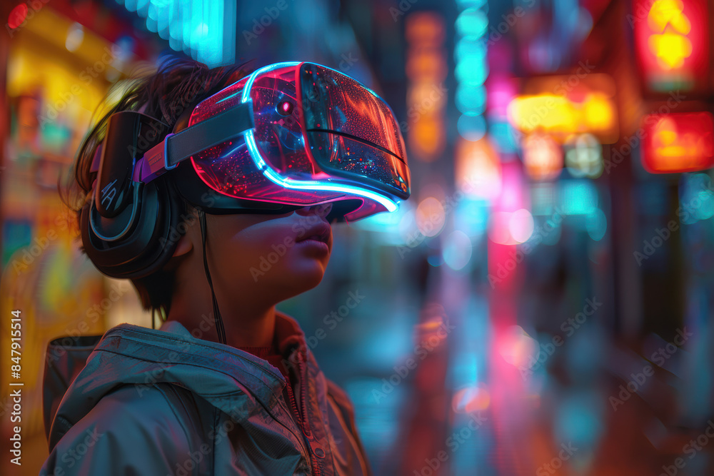 Kid in Virtual Reality World with Neon Lights