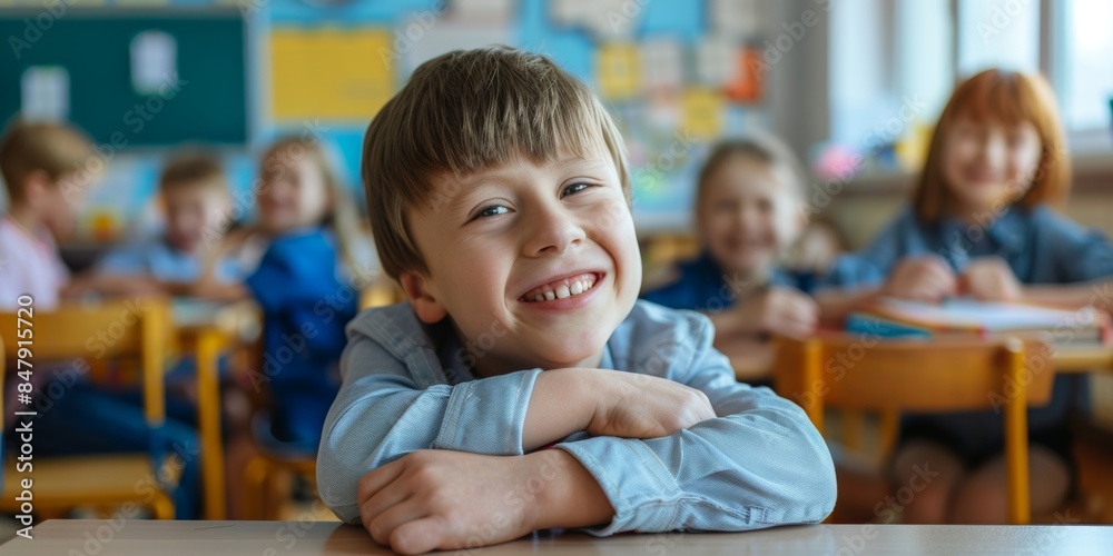 Happy boy smiling in classroom with classmates Happy boy smiling in classroom with classmates