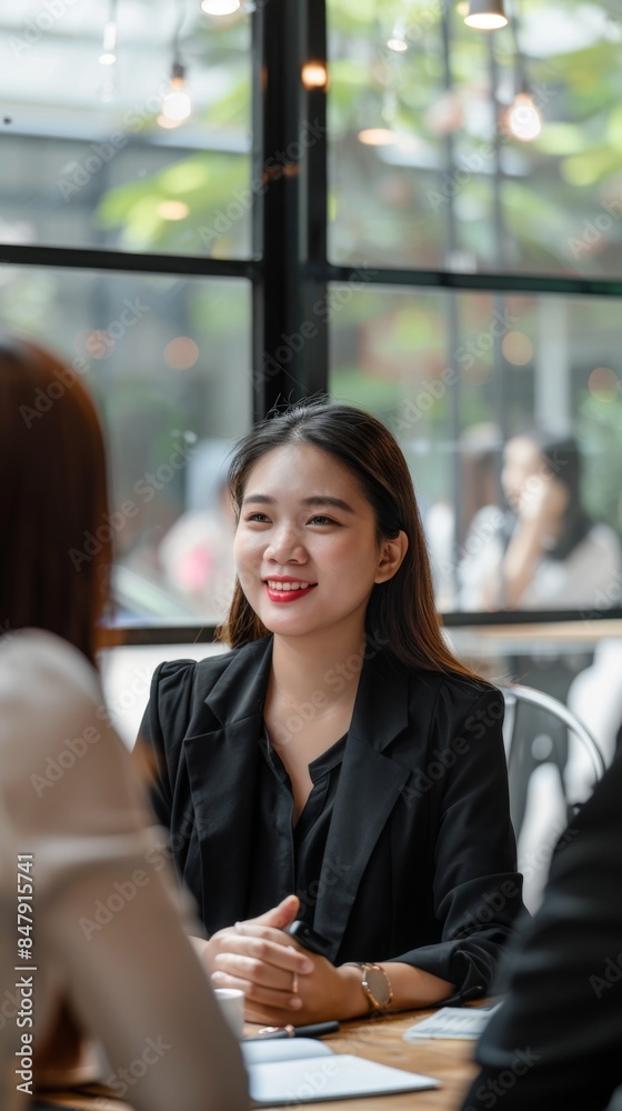 Woman in a cafe sitting at a table with another person Woman in a cafe sitting at a table with another person