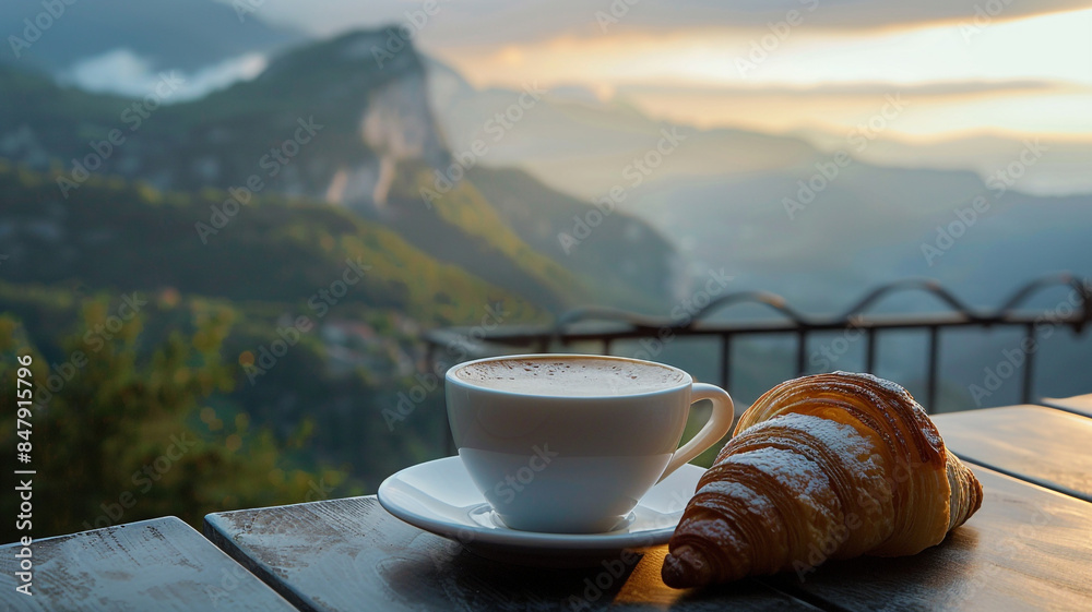 A cup of aromatic coffee with a freshly baked croissant, standing on a table in front of a magnificent landscape of mountains with snow-capped peaks and water at the foot. A cup of aromatic coffee with a freshly baked croissant, standing on a table in front of a magnificent landscape of mountains with snow-capped peaks and water at the foot.
