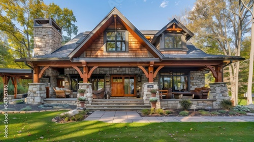 traditional craftsman home with a stone facade, covered porch, and detailed woodwork