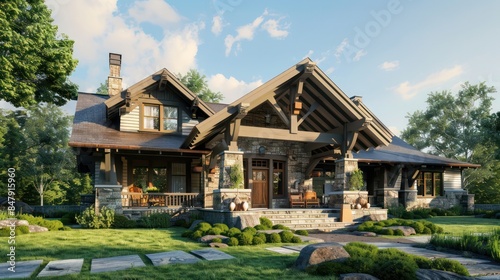 traditional craftsman home with a stone facade, covered porch, and detailed woodwork © Aeman
