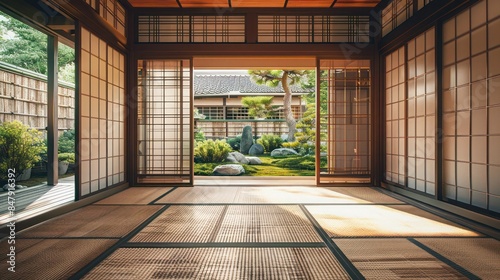 traditional Japanese house with sliding doors, tatami mats, and a zen garden