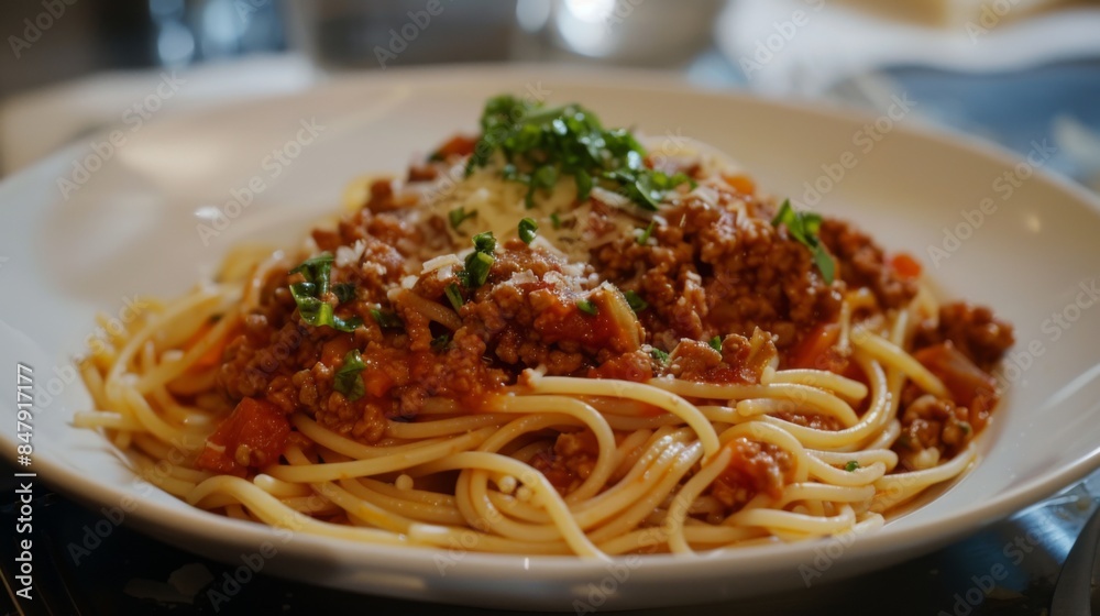 A satisfying plate of spaghetti bolognese, featuring hearty meat sauce simmered to perfection. A satisfying plate of spaghetti bolognese, featuring hearty meat sauce simmered to perfection.