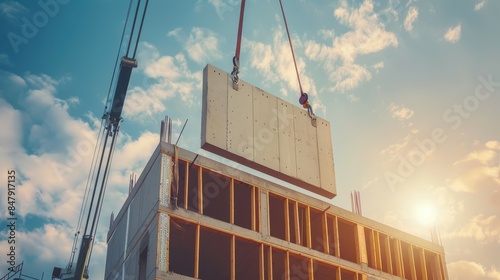 A crane lifting a prefabricated concrete wall panel at a construction site, highlighting modern building techniques and technology.