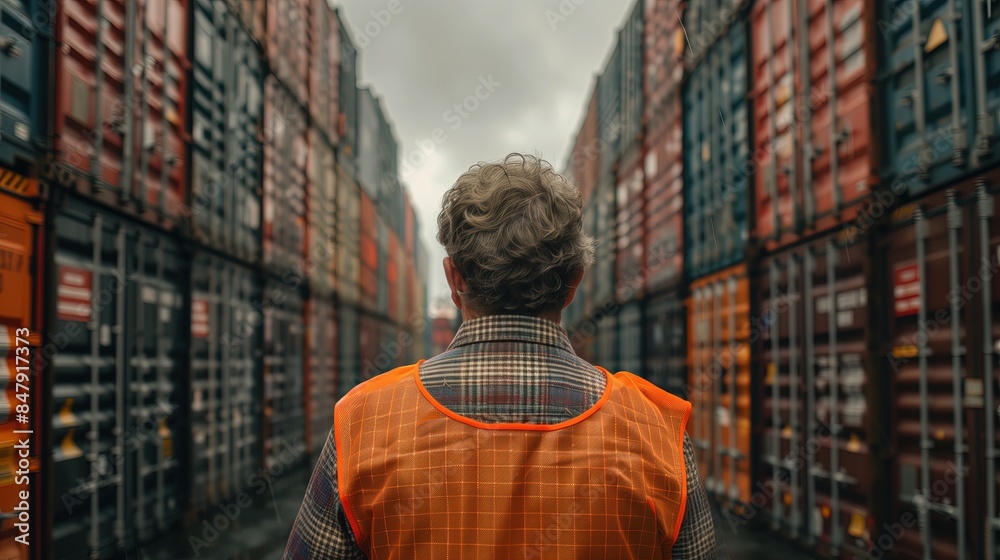 Naklejka premium Worker in Orange Vest Inspecting Shipping Containers at a Port 