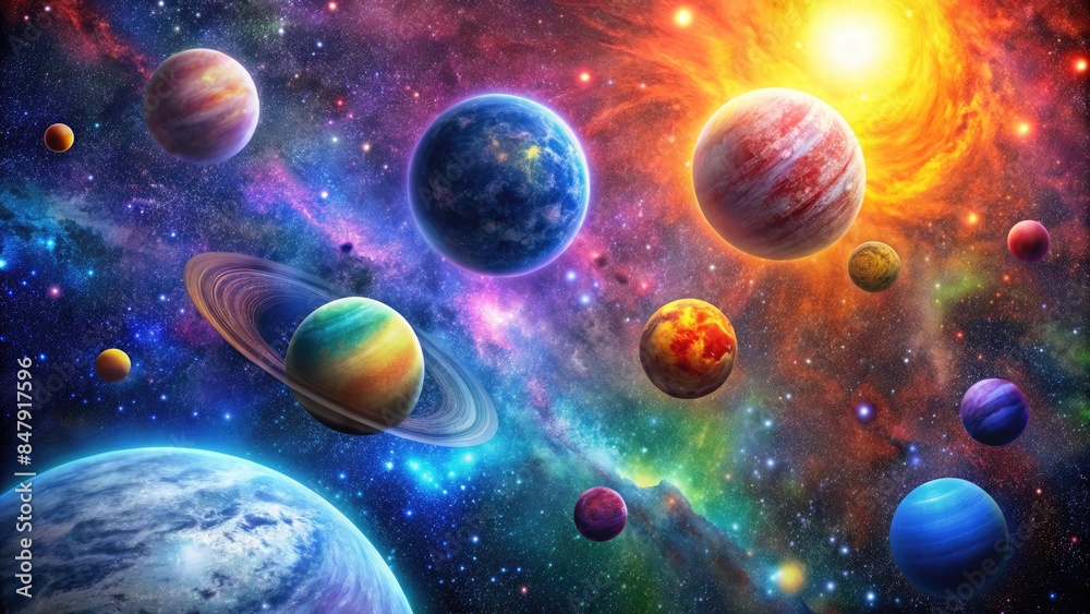 A vibrant cosmic scene with multiple planets and stars.