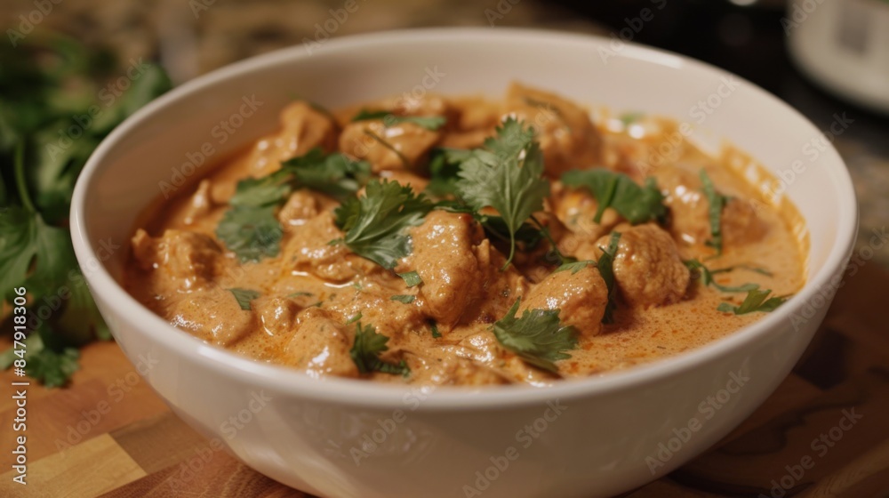 A tempting bowl of creamy chicken tikka masala garnished with fresh cilantro leaves. A tempting bowl of creamy chicken tikka masala garnished with fresh cilantro leaves.
