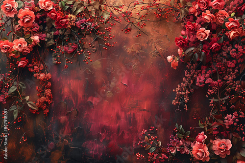 Maternity backdrop, wedding backdrop, photography background with delicate red flowers and vintage wall.