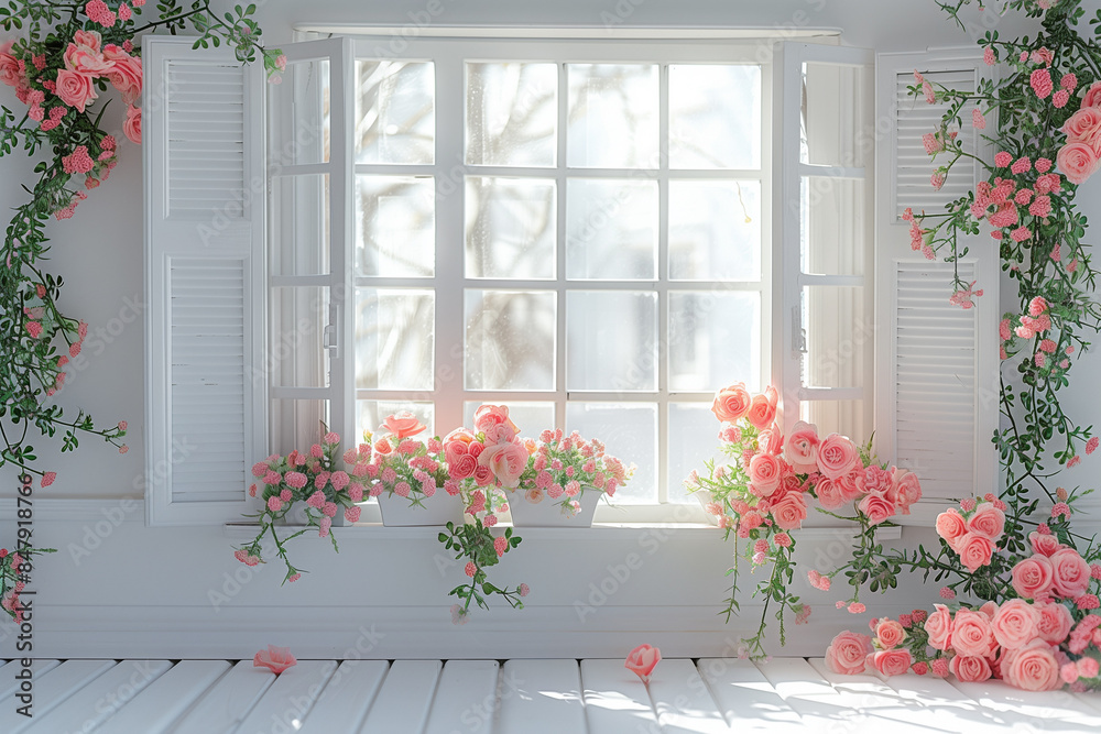 custom made wallpaper toronto digitalMaternity backdrop, wedding backdrop, photography background with delicate flowers and vintage white wall and windows.