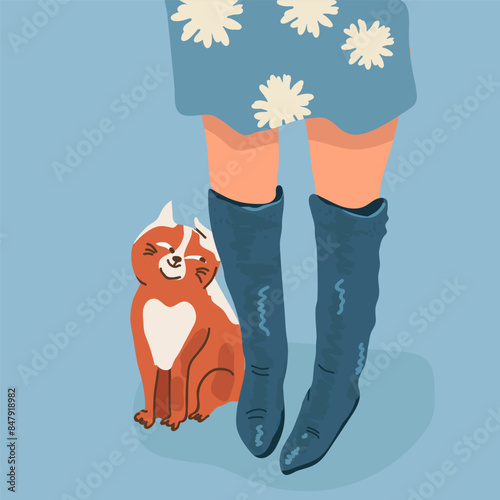 Feet in boots top view, cat pawing, rubbing, woman, girl, graceful, rubber boots. Hand drawn illustration.