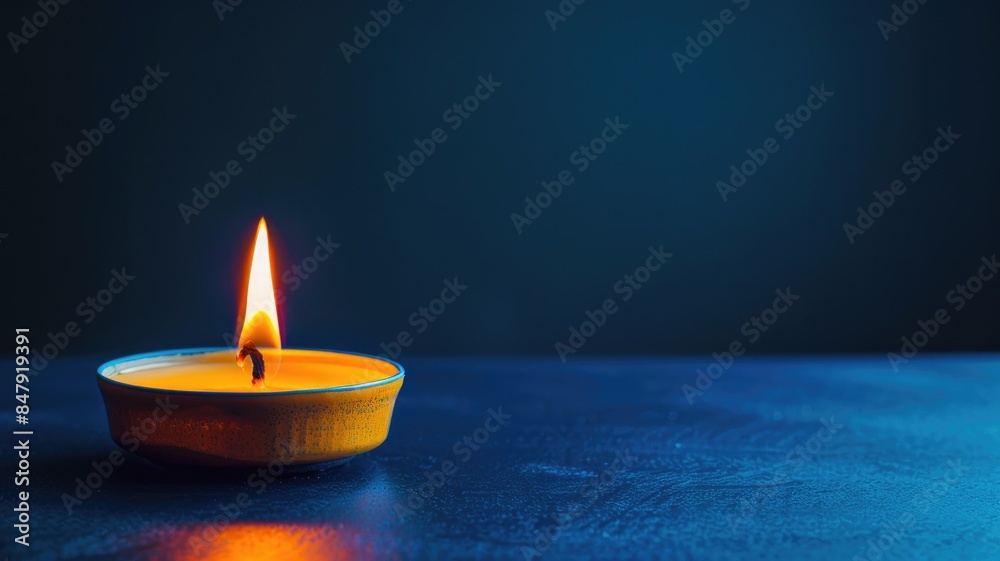 Candle on dark surface with blue background Candle on dark surface with blue background