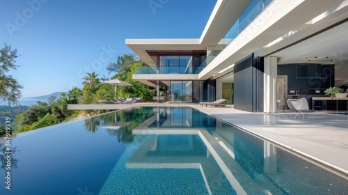 contemporary villa with sleek architecture, an infinity pool, and panoramic views
