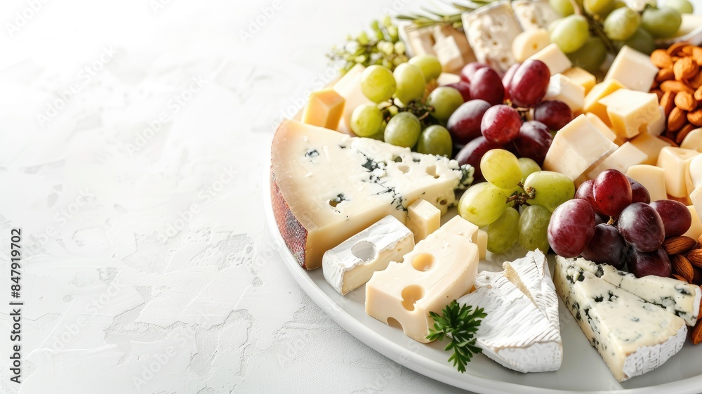 Assorted cheese platter with grapes, nuts, and herbs on white background Assorted cheese platter with grapes, nuts, and herbs on white background