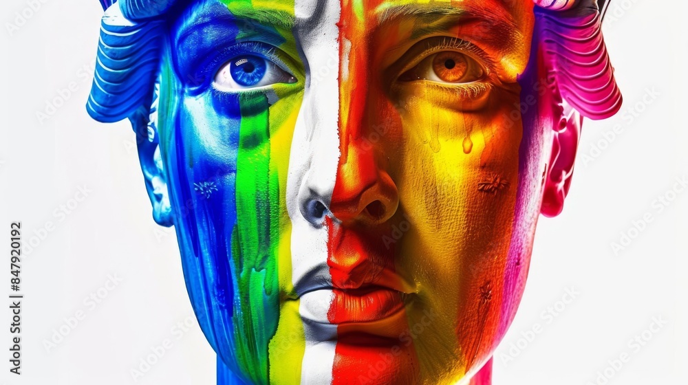 Obraz premium Eyecatching pop art poster of the Statue of Liberty, face painted with rainbow stripes, advocating LGBTQ pride