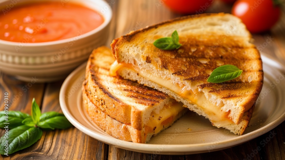 A tempting plate of grilled cheese sandwiches served with a side of tomato soup for dipping A tempting plate of grilled cheese sandwiches served with a side of tomato soup for dipping