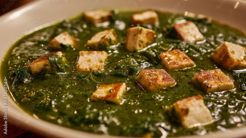 A tempting plate of palak paneer, a creamy spinach curry with cubes of soft paneer cheese A tempting plate of palak paneer, a creamy spinach curry with cubes of soft paneer cheese