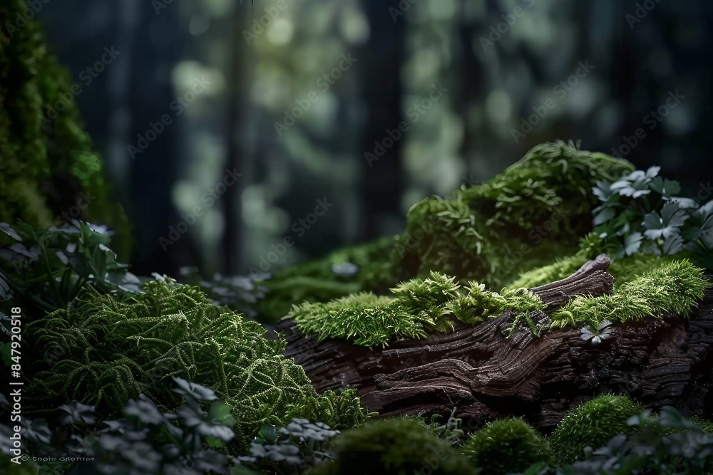 Green moss and background. Backdrop for displaying products. Dark forest background. generative ai. Green moss and background. Backdrop for displaying products. Dark forest background. generative ai.