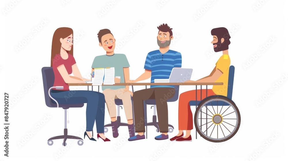 Four colleagues are gathered around a table, working together