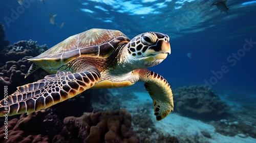Sea Turtle Swimming Through Coral Reef © nomesart