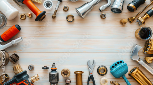 A frame composed of various plumber's items arranged on a light wooden background