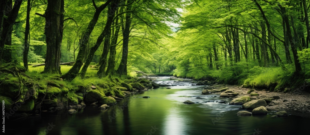 Obraz premium Small river in green forest at summer. Creative banner. Copyspace image