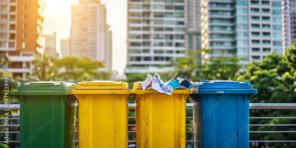 Recycling bins on balcony with cityscape Recycling bins on balcony with cityscape
