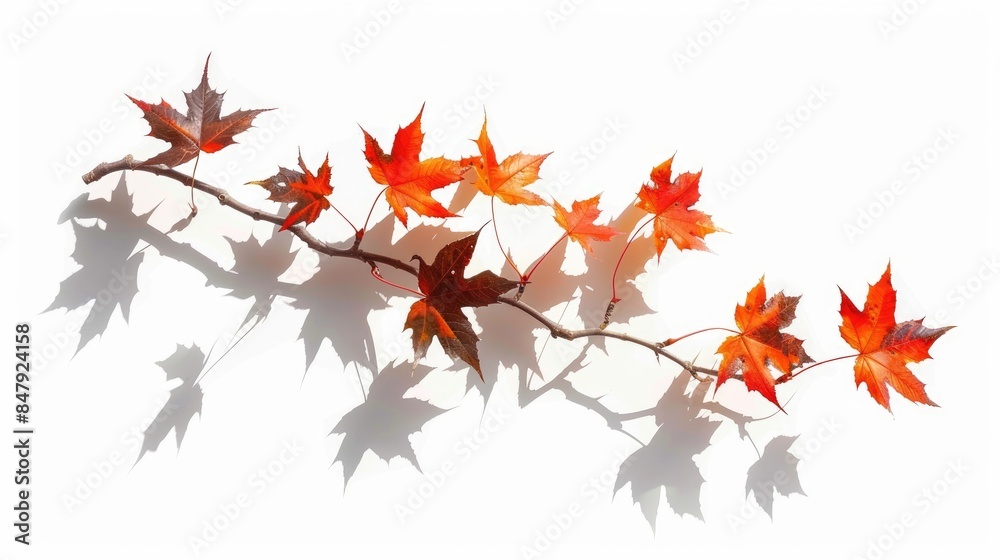 Autumn maple branch with leaves and shadow isolated on a white background Autumn maple branch with leaves and shadow isolated on a white background