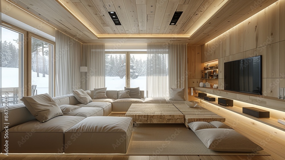 Fototapeta premium The design of the minimalist log style living room features a floating ceiling with a slightly sunken central section that creates a floating effect all around. Generative AI.