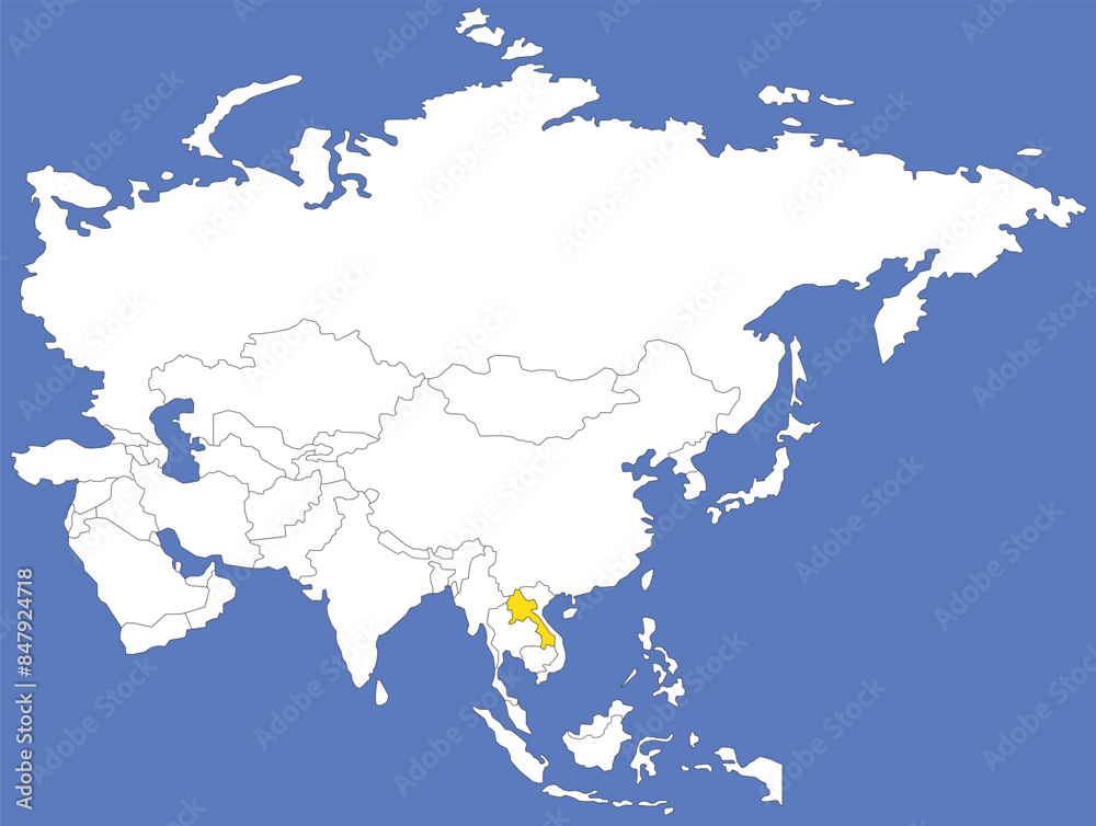 Obraz premium Highlighted yellow map of LAOS inside white political map of Asia using orthographic projection on dark blue background