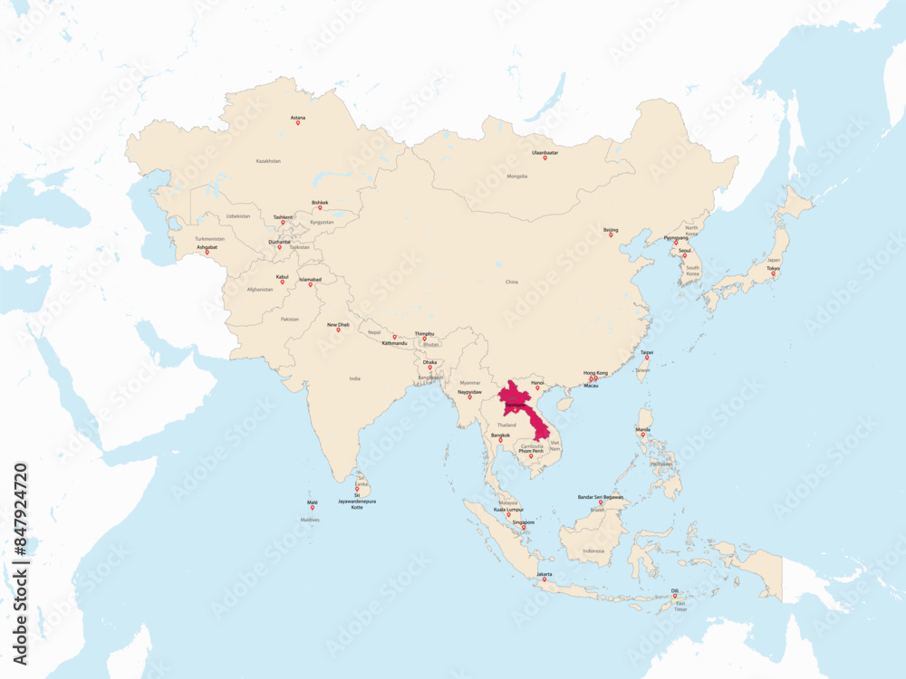 Fototapeta premium Highlighted red map of LAOS inside light red detailed political map of Asia using orthographic projection on white and blue background