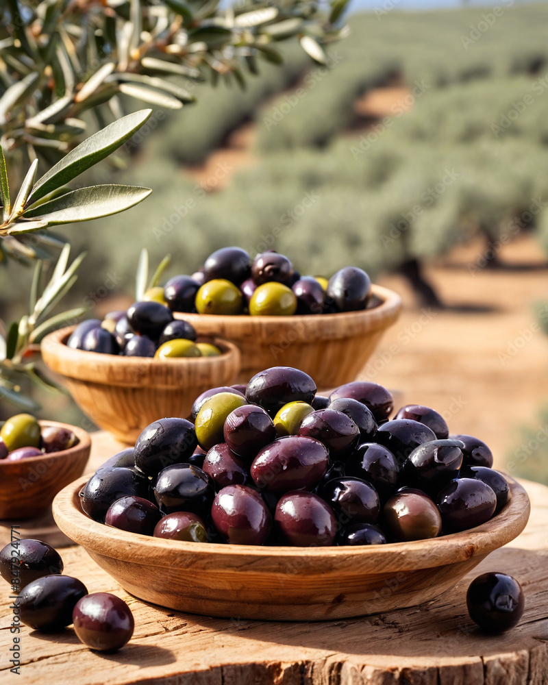Close up of fresh black olives on a rustic wooden table. Different marinated olives on table close-up. Green and black olives. Close up of fresh black olives on a rustic wooden table. Different marinated olives on table close-up. Green and black olives.