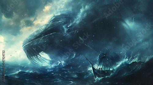 Majestic Sea Monster Rising Amidst Stormy Seas maritime folklore mythical aquatic background 
