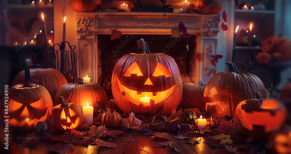 Halloween theme, pumpkins around fireplace, warm glow of fire and candles, spooky atmosphere, spooky Halloween decoration, halloween fireplace with burning flames. Generative AI. Halloween theme, pumpkins around fireplace, warm glow of fire and candles, spooky atmosphere, spooky Halloween decoration, halloween fireplace with burning flames. Generative AI.