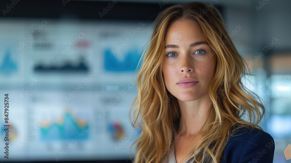 Fototapeta premium Confident Businesswoman with Blonde Hair in Modern Office, Professional and Focused on Data Visualization 